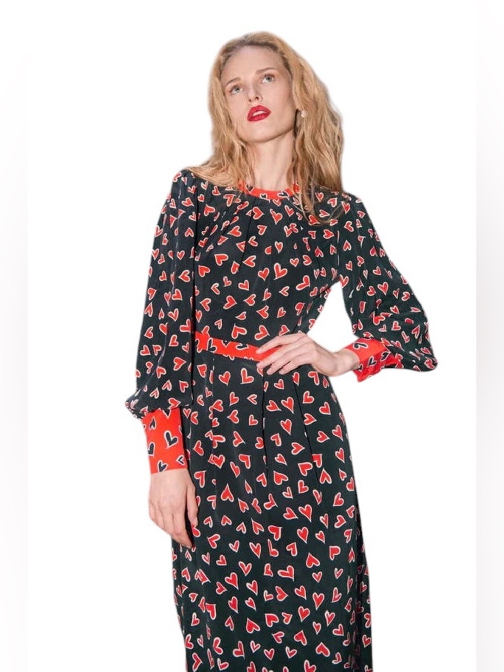 Hunter Bell Black and Red Long Sleeve Casper Midi Dress in Onxy Heart Womens 4